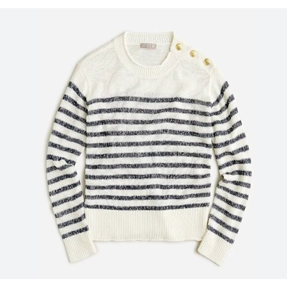 New J Crew Size M Relaxed linen-blend beach sweater in stripe with gold buttons - Picture 2 of 13